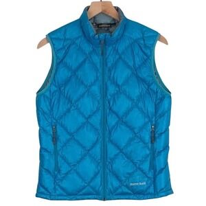 MONTBELL Diamond Quilted Packable Down Puffer Zip Vest Women's M Teal Blue + Bag